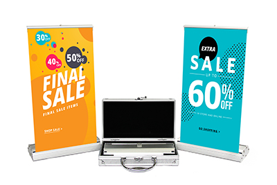 Two tabletop retractable banners and case